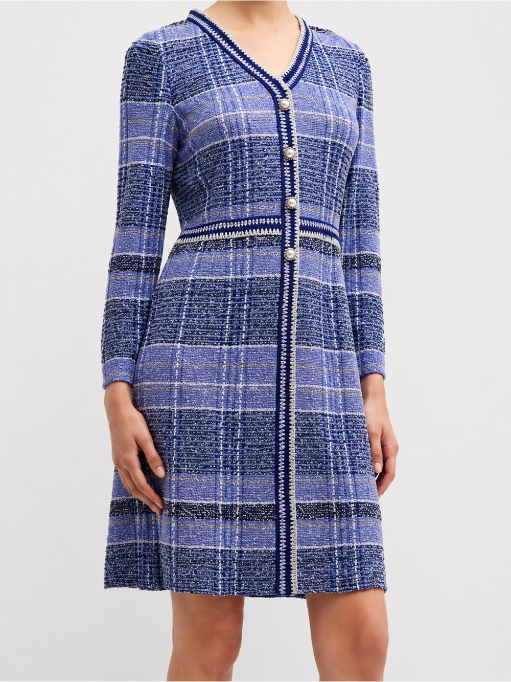 Misook Blue Plaid Tweed Knit Button Front Midi Dress